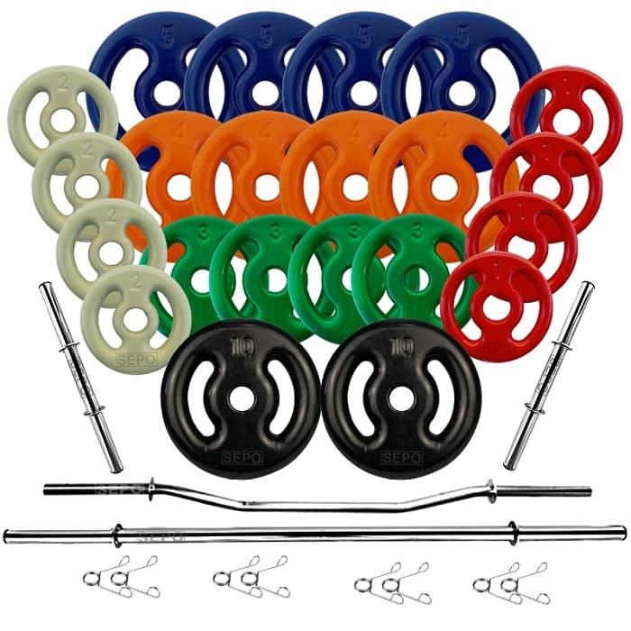 Kit Anilhas Emborrachadas 80 Kg + 4 Barras Com Presilhas