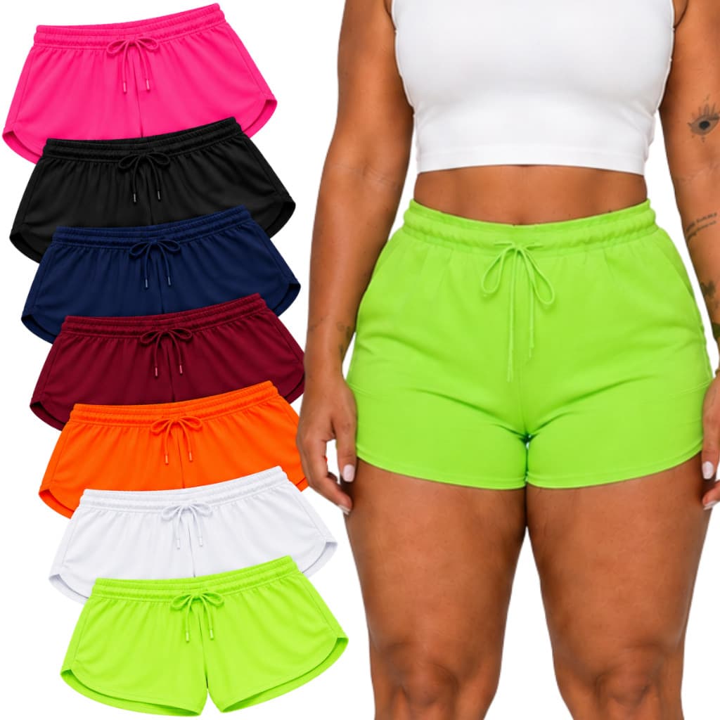 Kit 7 Short Shortinho Feminino Academia Tactel P ao Plus Size Moda Praia Tecido Leve Caminhada Levanta Bumbum