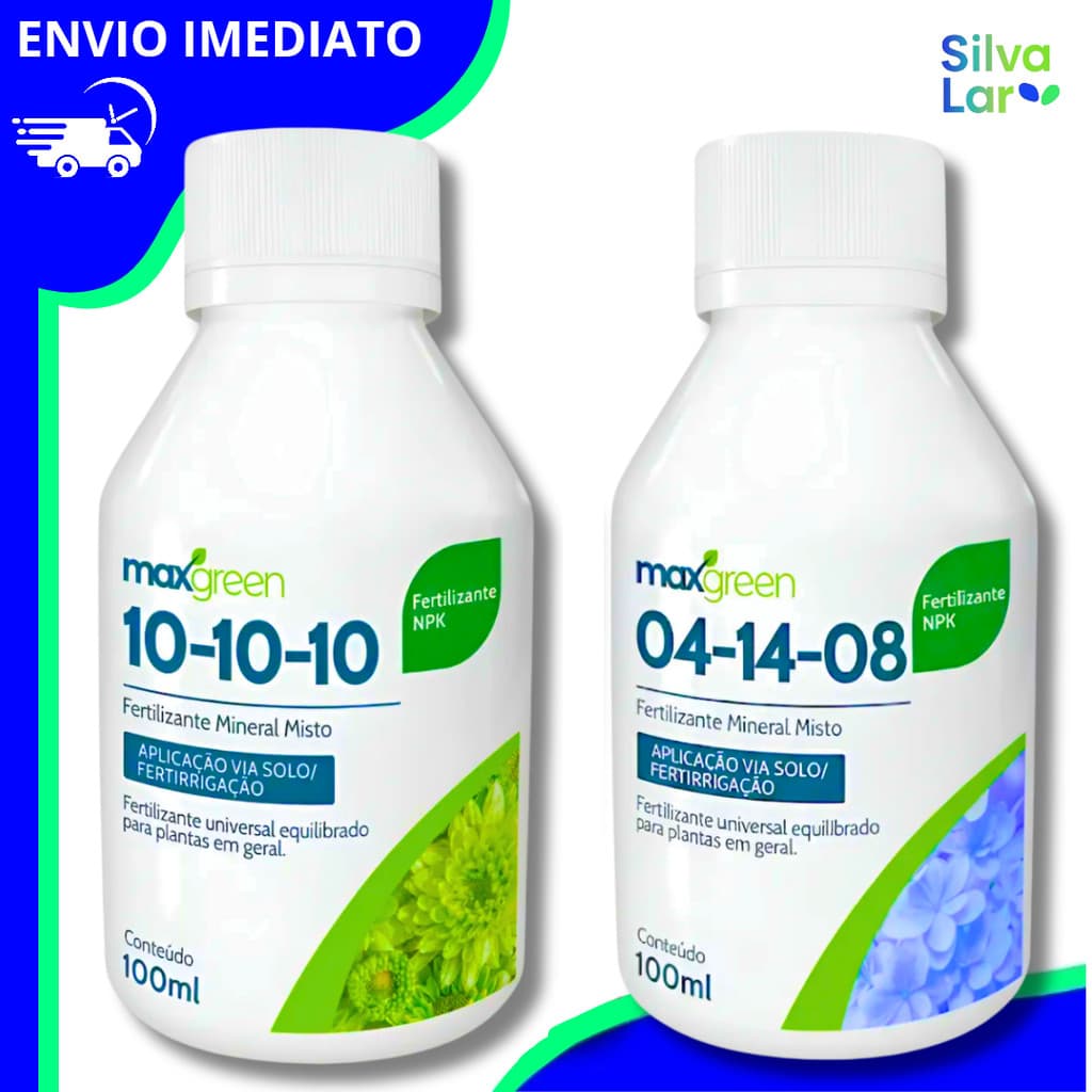 Kit Adubo Fertilizante 10-10-10 e 04-14-08 100ml Concentrado Nutrição Completa Para Plantas, Folhas Verdes Frutos e Raiz