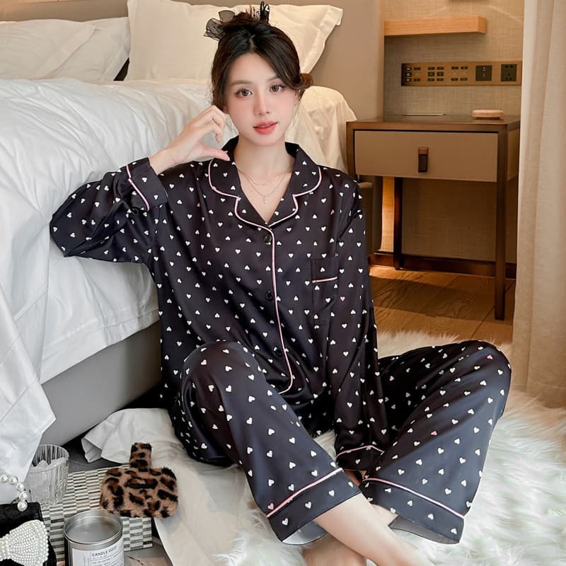 Pijama Feminino de Luxo com Lapela, Manga Longa e Calça Comprida, Conjunto de Roupa de Casa com Corações Pequenos