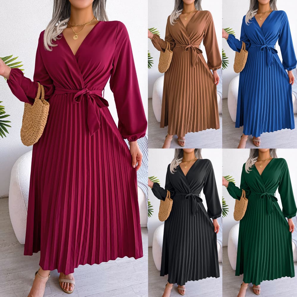 Venda quente tiro Real 2026 primavera verão elegante cruz com decote em V bainha grande saia longa plissada roupas femin
