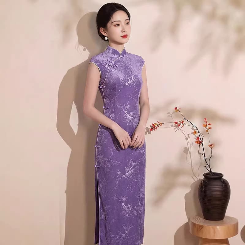 Roxo de manga curta gota-pescoço Cheongsam estilo jovem luz luxo estilo longo fino-ajuste mais magro olhar novo estilo c
