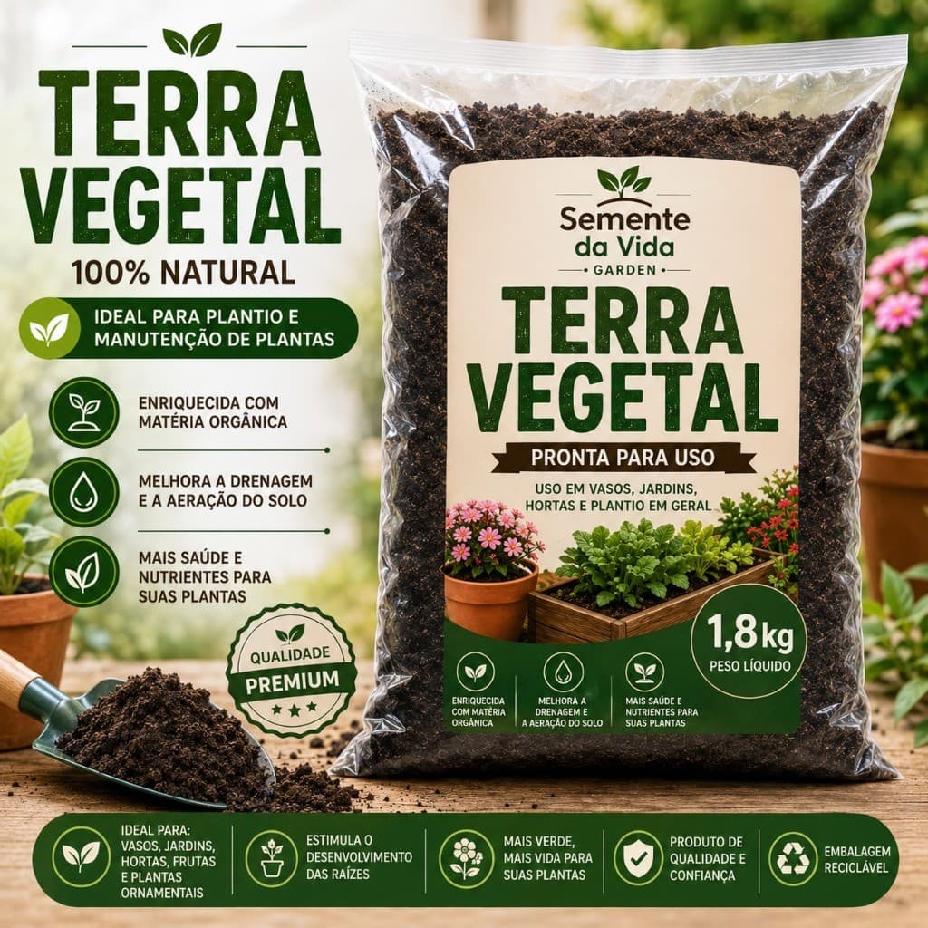 Terra Vegetal 1,8kg Adubada Orgânica Pronta para Uso – Vasos, Jardins, Hortas, Flores e jardinagem