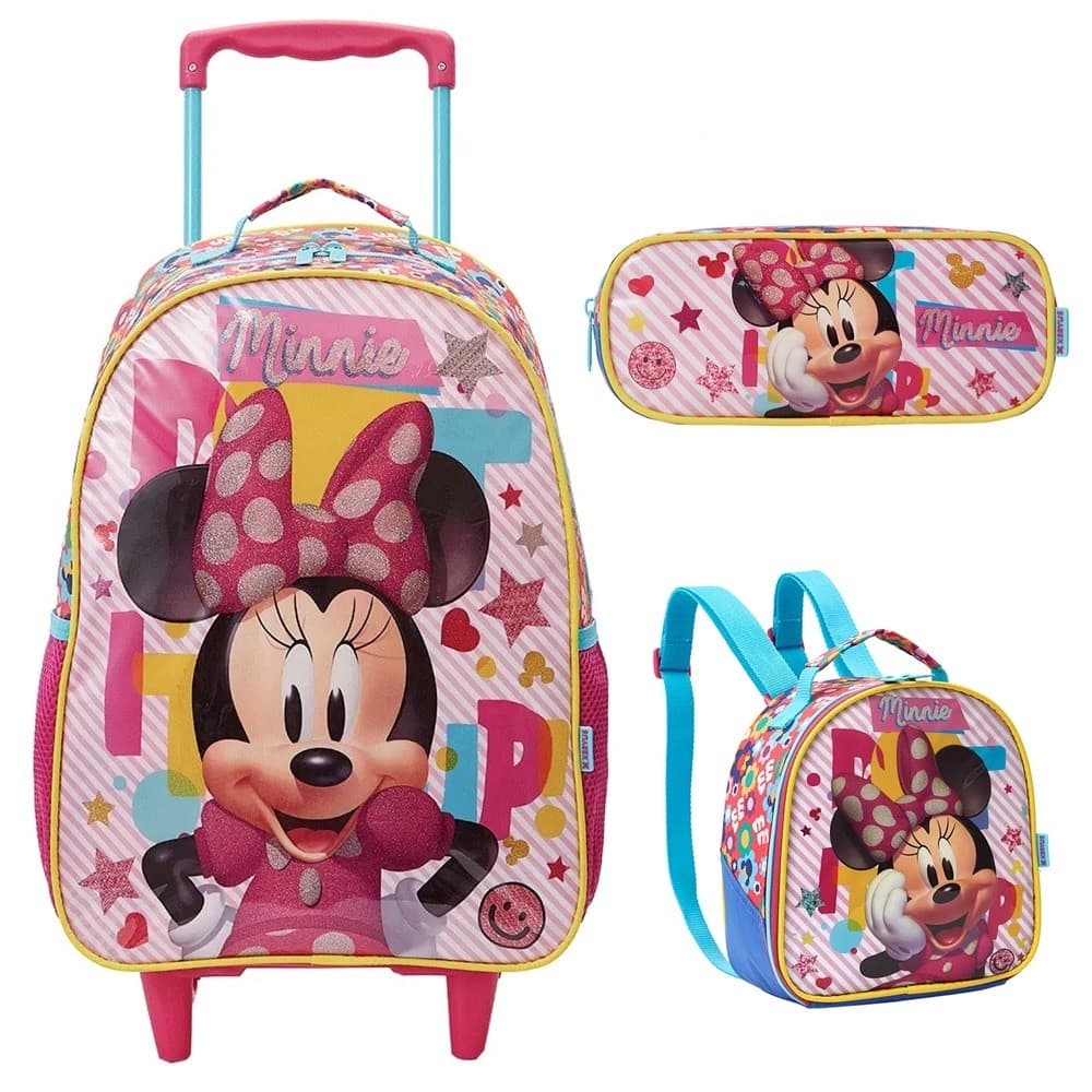 Kit Mochila com Rodinhas + Lancheira Térmica + Estojo Escolar Minnie Mouse Disney