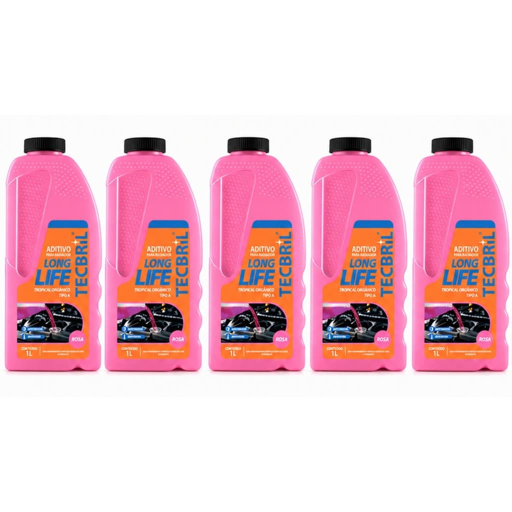 Kit 5 Aditivos Para Radiador Tecbril Rosa 1L Pronto Uso Orgânico Anticorrosivo Sistema Arrefecimento Proteção Motor