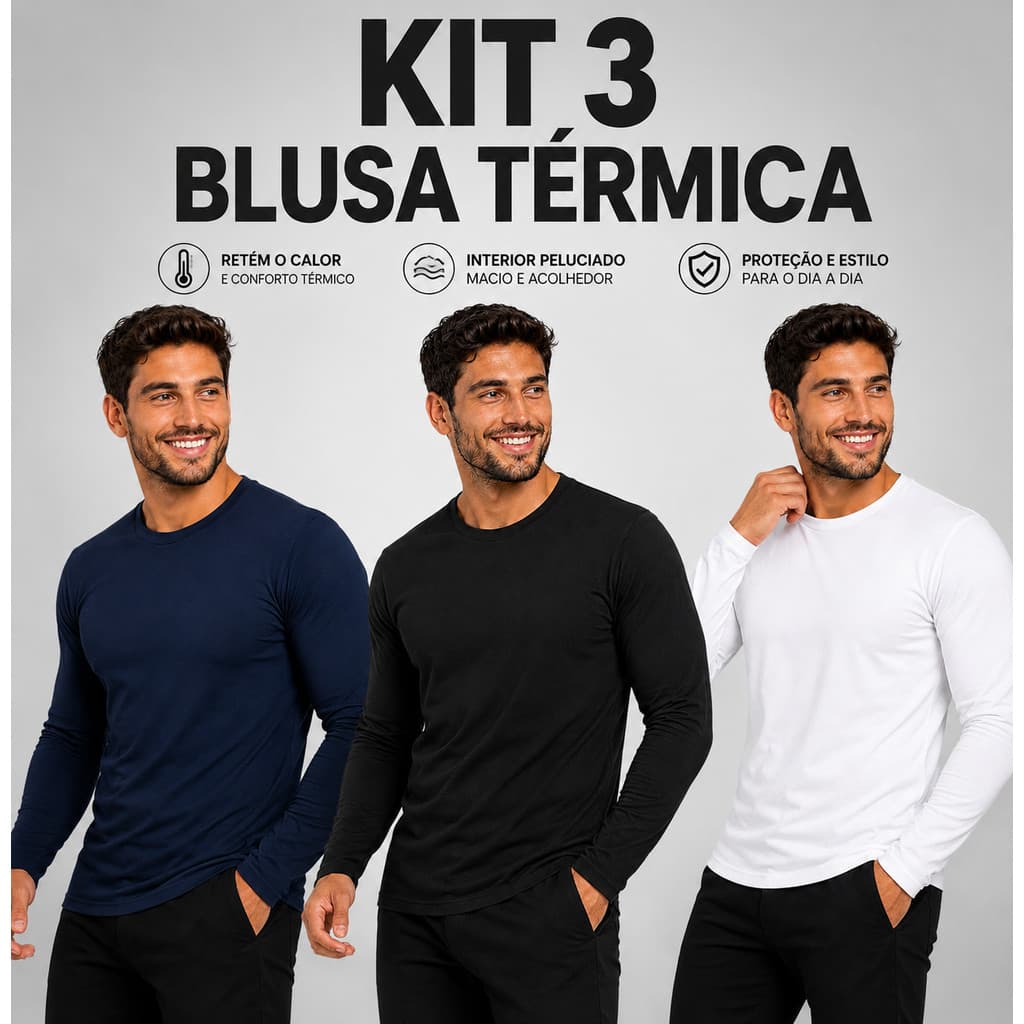 Kit 3 Blusa Térmica Peluciada Masculina Segunda Pele Gola Redonda Forro Inverno Frio Camiseta