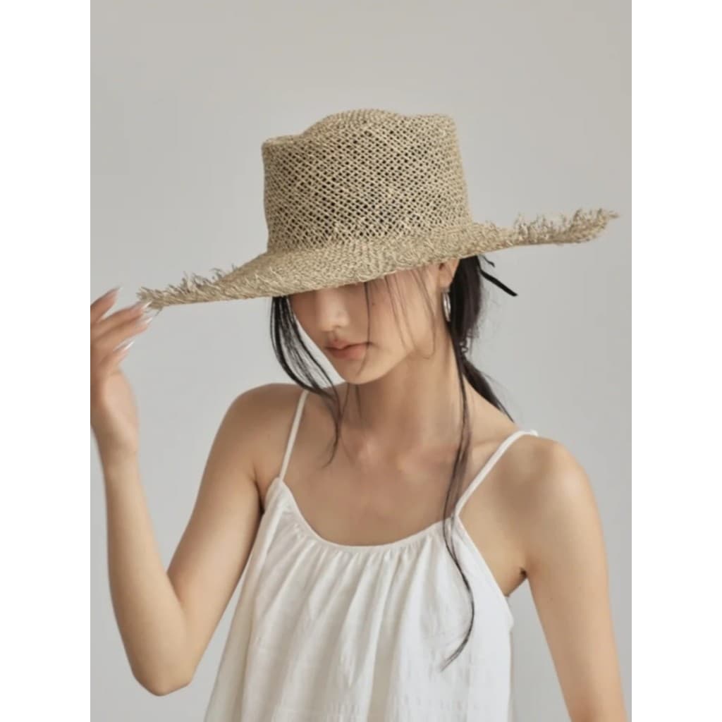 Francês literário Retro oco respirável grama salgada tecido chapéu feminino verão foto grande borda sulco pele Seagrass