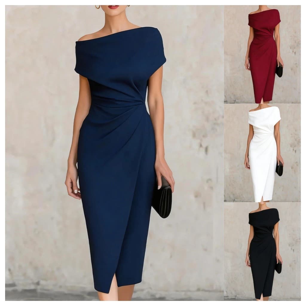 Pronto estoque Envio rápido 2026 Europeu Americano Um ombro cintura estreita vestido plissado banquete Commuter vestido