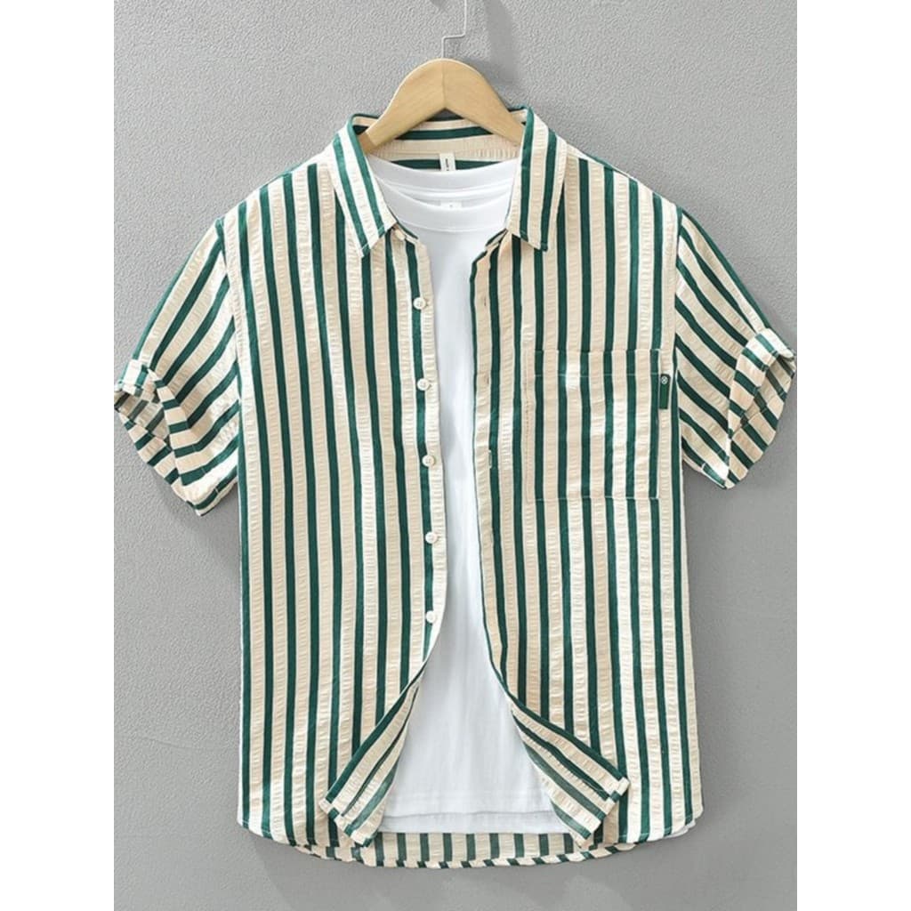 Camisa listrada de manga curta de verão na moda masculina Casual bonito polegada camisa estilo japonês Street Wear poleg