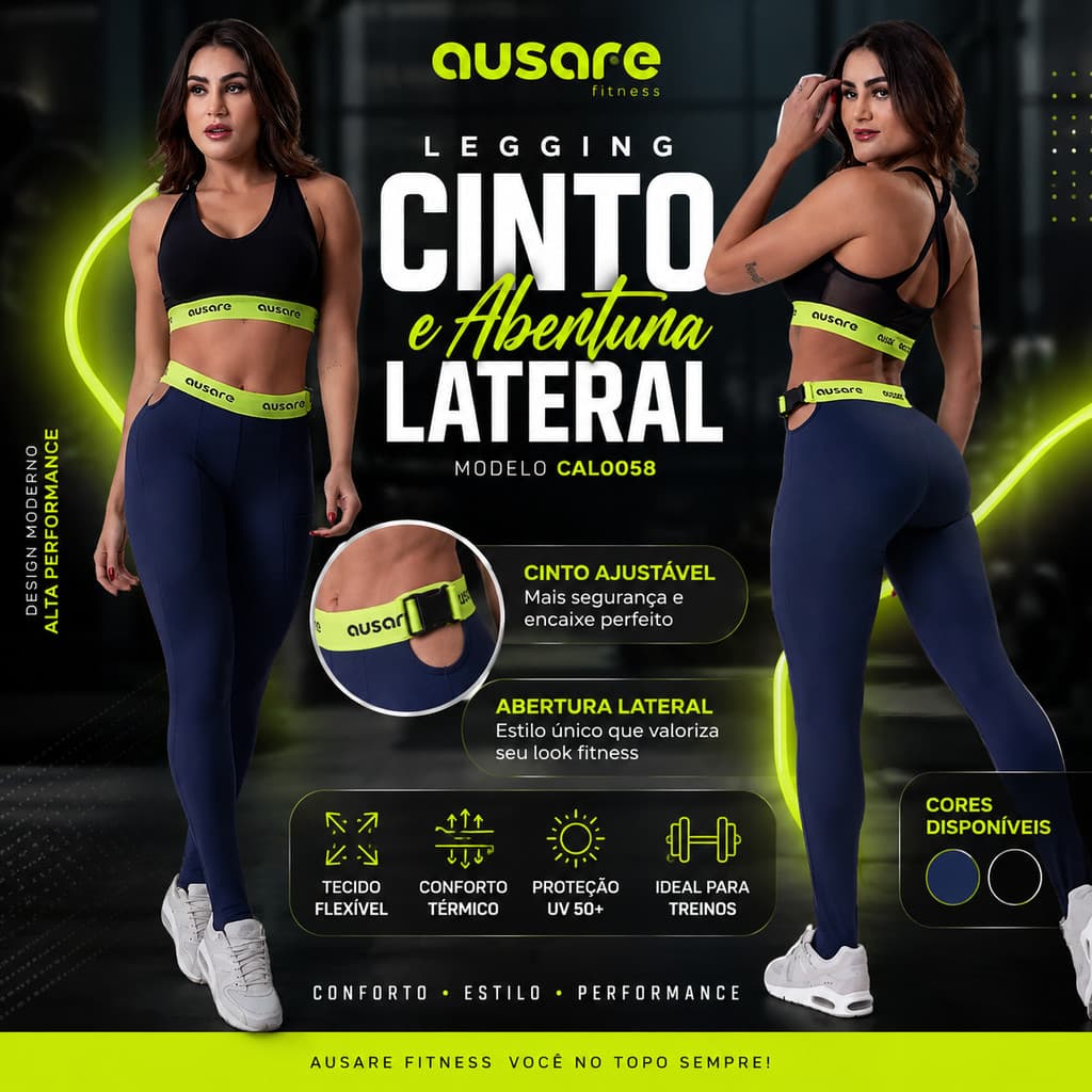 Legging Academia Ausare Cal0058 Cinto Ajustável Abertura Lateral Fit Feminina Treino Musculação Corrida Conforto Yoga