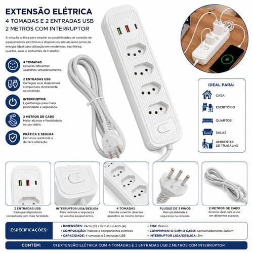 Extensao Eletrica Multifuncional 4 Tomadas 2 USB Cabo 2 Metros Branco Protecao Compacta