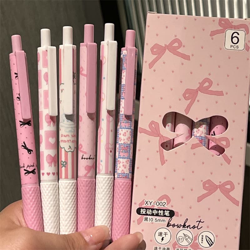 6 Pçs/set Bonito Arco Rosa Caneta Gel De Secagem Rápida | De Escrita Suave Com Tinta Preta Para Escola , Estudo E Escrit