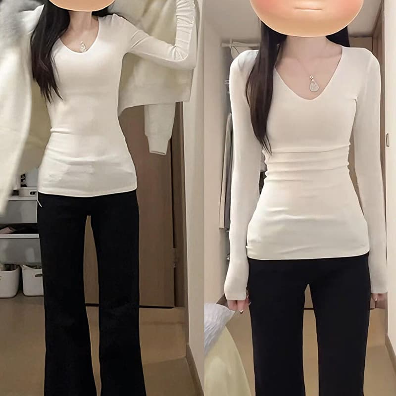 Alemão com decote em v de manga comprida camiseta feminina magro camisa de fundo 2026 outono inverno nádegas magro-ajust