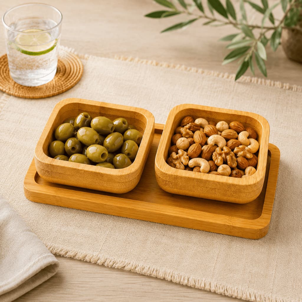 Kit Petisqueira de Bambu Com 2 Tigelas Quadradas Base de Madeira Natural 10cm Queijos Aperitivos