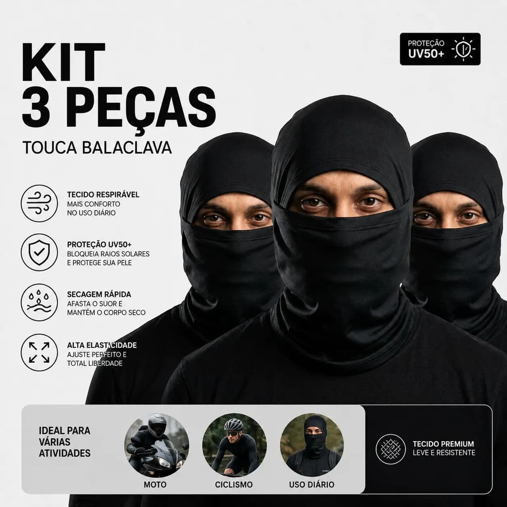 Kit 3 Balaclava Moto Biker Proteção Uv50+ Frio Sol Preto