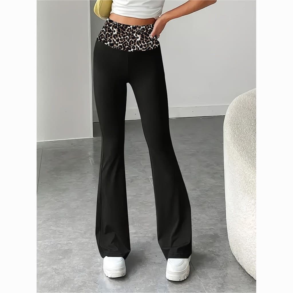 T elegante leopardo impressão costura cintura Micro-Leggings feminino cintura média alta dobrando barriga magro ajuste S