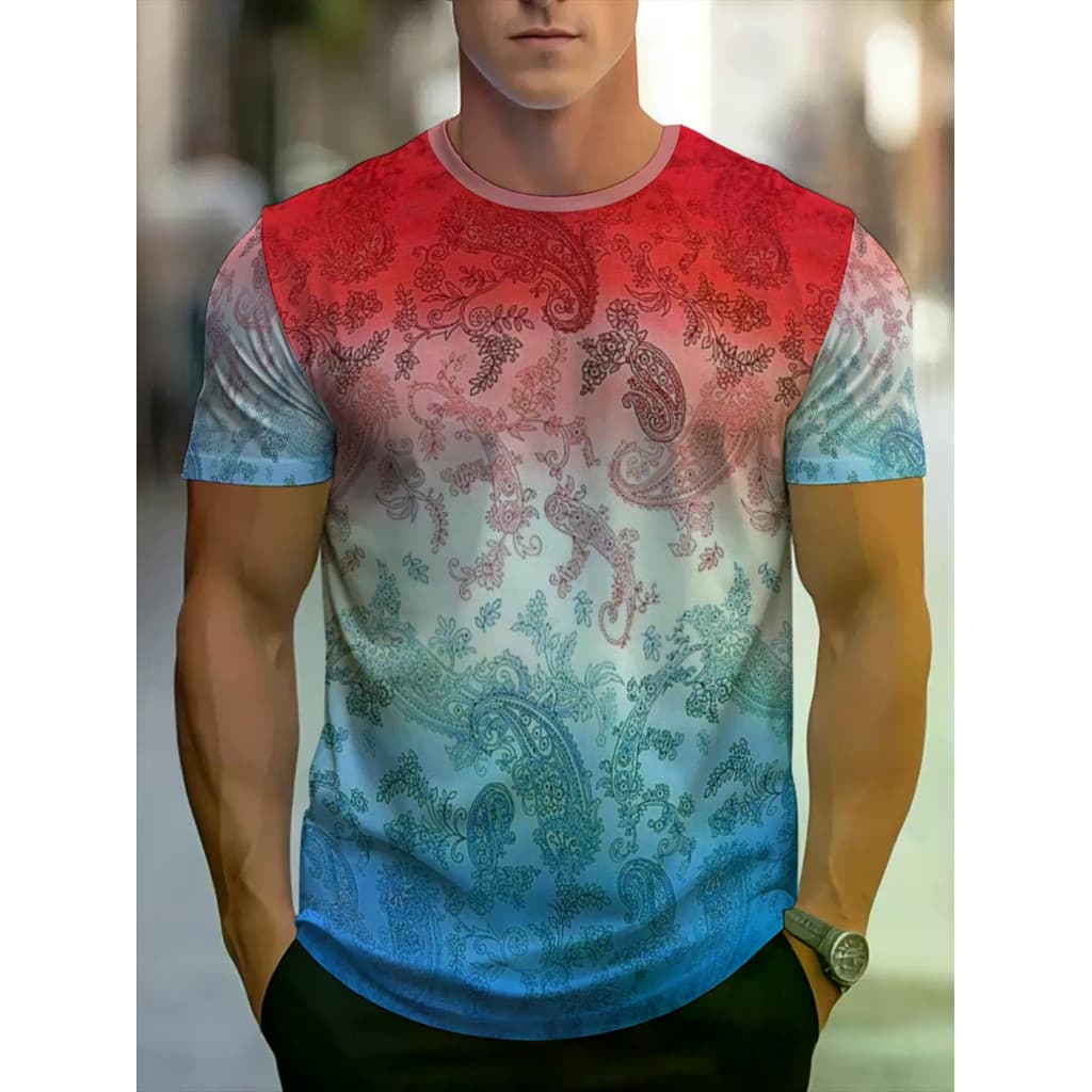Camiseta Masculina Vermelha Azul Gradiente Paisley Floral Estampa 3D Gola Redonda Verão Manga Curta Casual De Rua