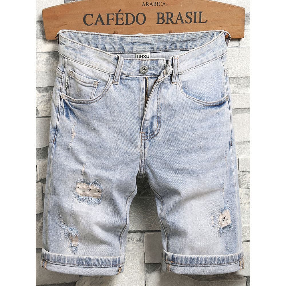 2026 novo estilo cor clara calças rasgadas dos homens Denim Shorts verão estilo fino cinco pontos sete pontos Jeans esti