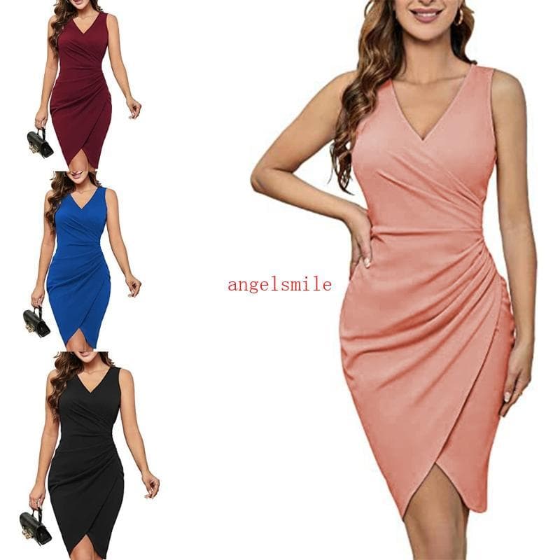 Ace Ruched Envoltório Vestido Com Decote Em V Sem Mangas Bodycon Feminino Cocktail De Trabalho Para Escritório Tulipa Lá