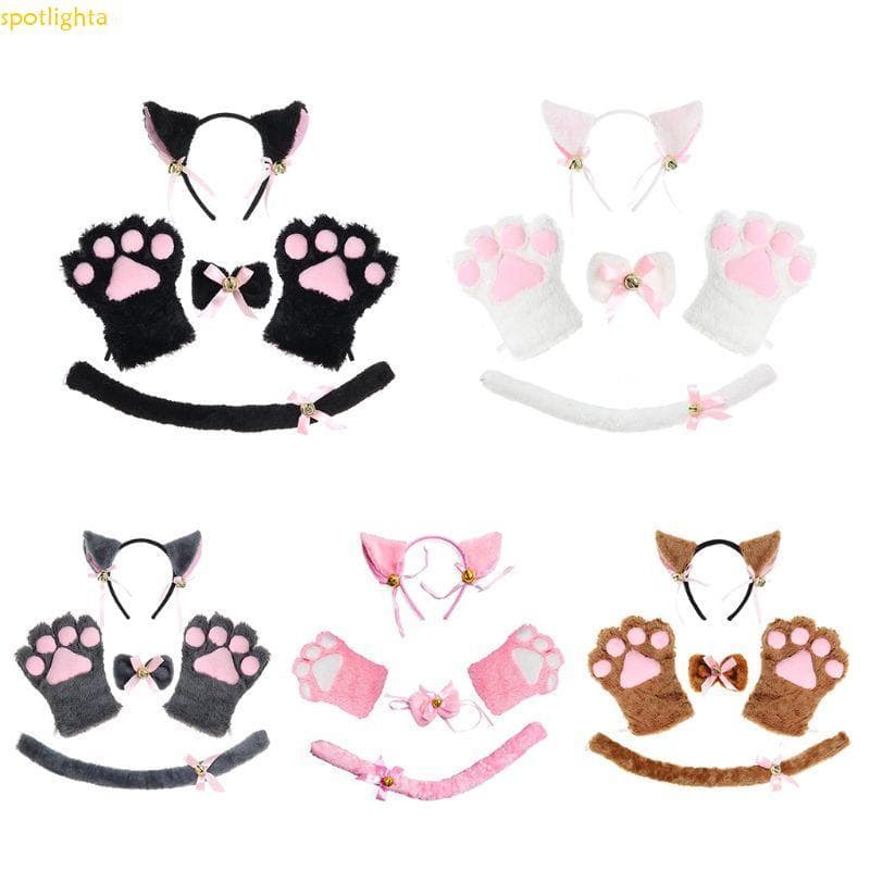 spotlighta 5 Pçs Adorável Gatos Orelha Headwear Conjunto Garra Colar Cauda Meninas Cosplay Traje Pelúcia