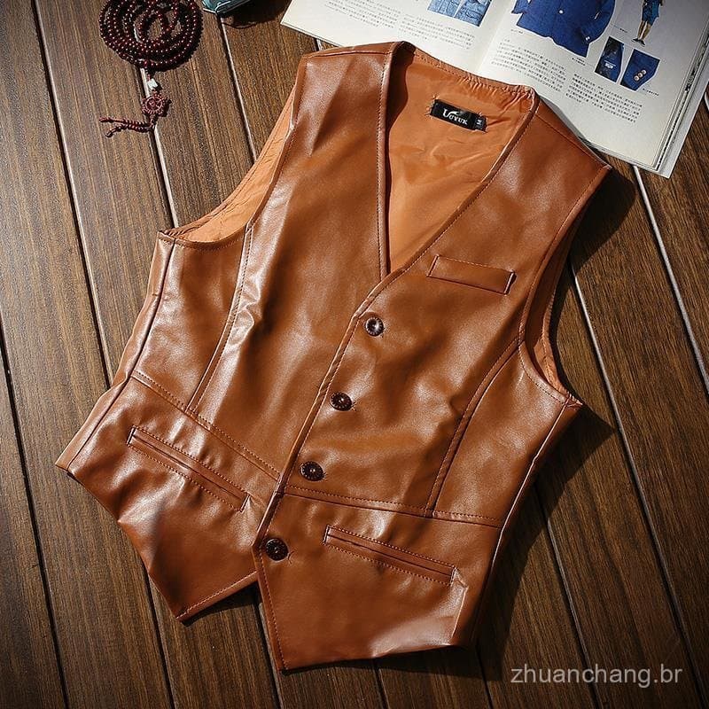 Novo colete masculino casual de outono, versátil, sem mangas, em PU, colete masculino de couro com corte slim em estilo