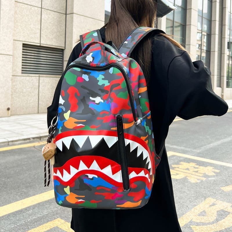Moda tubarão camuflagem mochila mochila americana rua mochila elegante passeio tridimensional