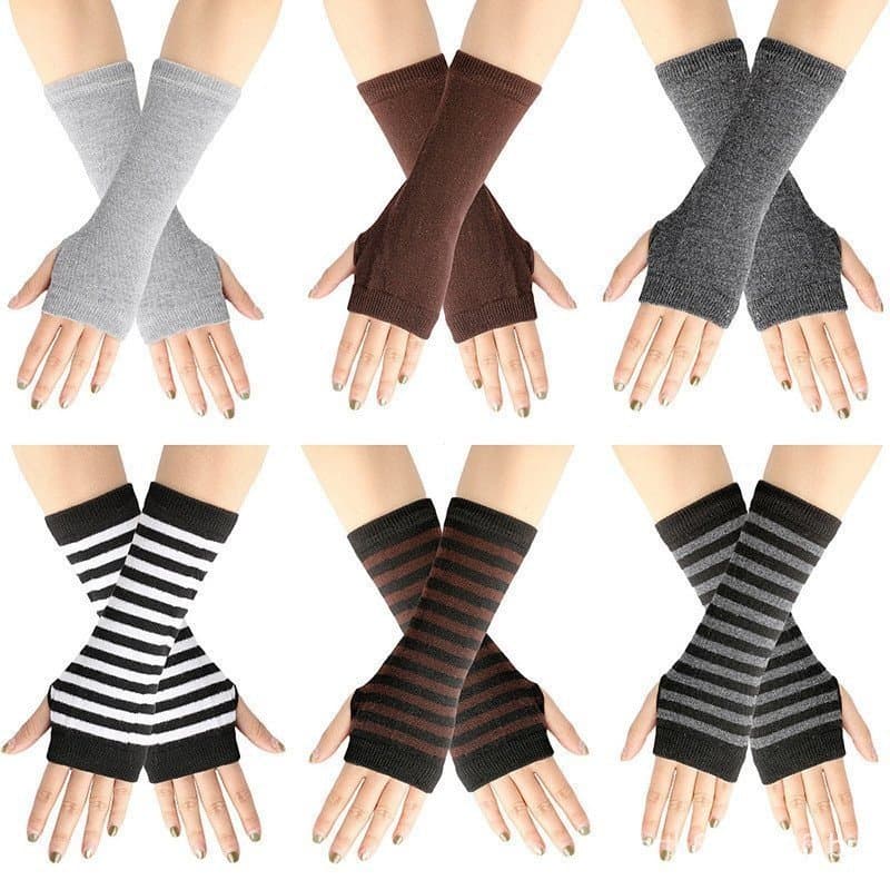 Capa De Braço Vintage Luvas De Cotovelo Listradas Mittens Sem Dedo Moda De Outono Inverno Longa Tricotada