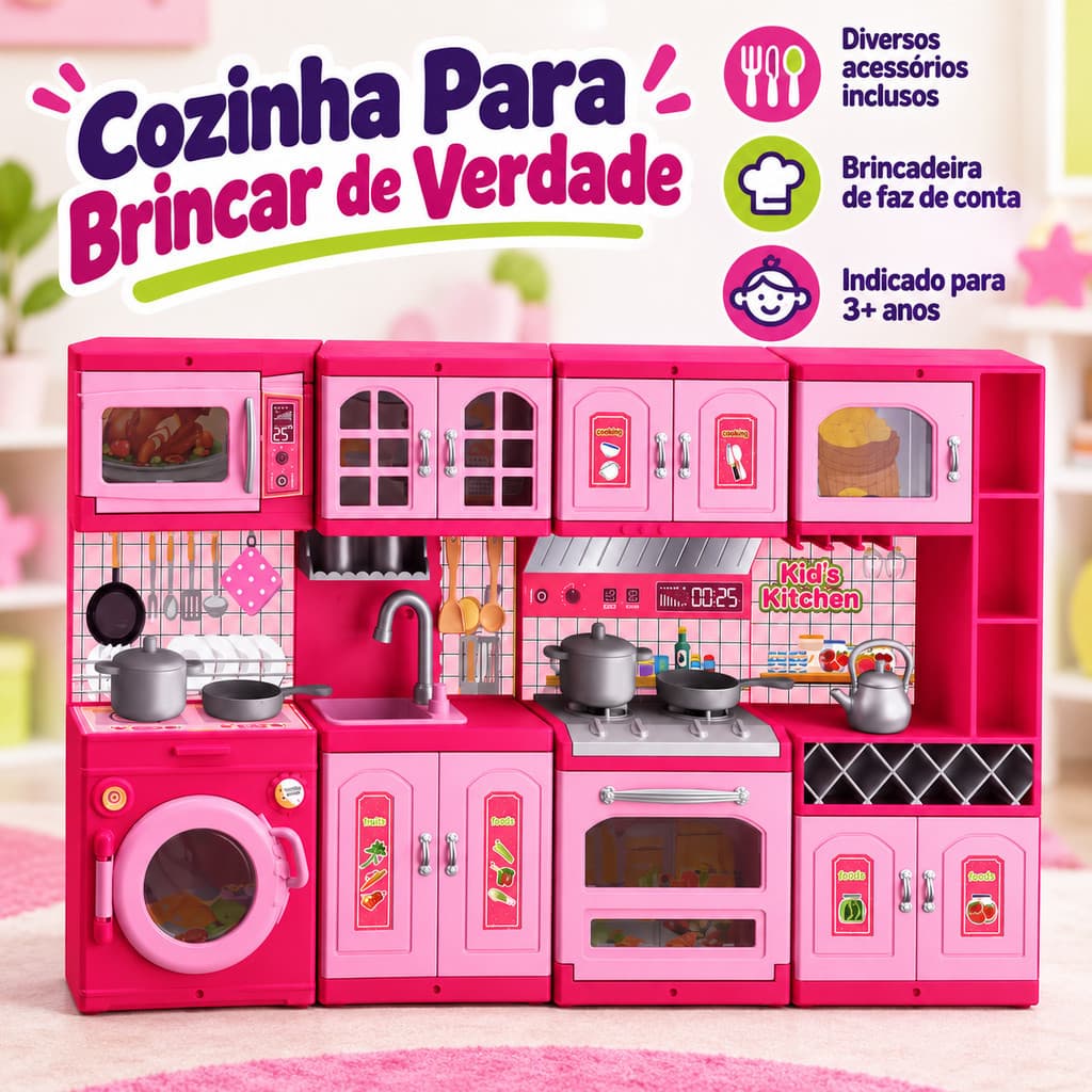 Cozinha Infantil De Brinquedo Rosa Com Acessórios Brinquedo Faz De Conta Presente Infantil Mini Cozinha