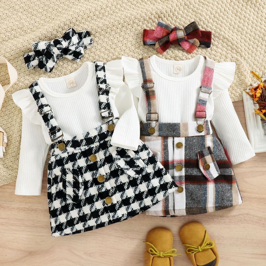 Outono inverno crianças algodão Pit tiras Openable macacão cinta de verificação saia curta meninas terno