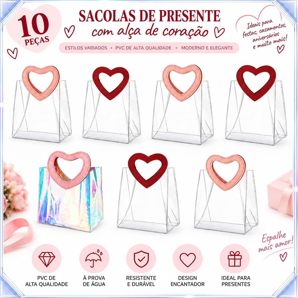 10 peças de sacola de coração de amor estilo opcional Material de PVC à prova d'água durável adequado para festa, casame
