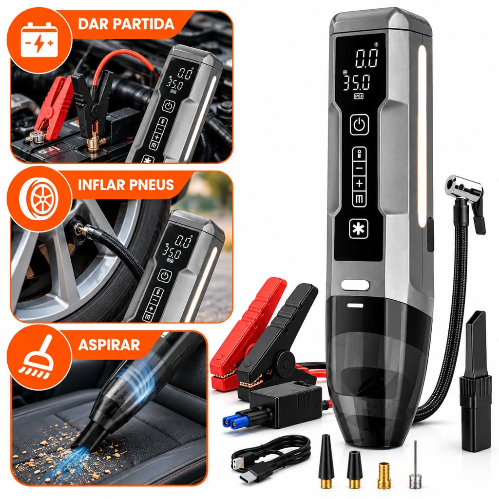 Auxiliar de Partida 12V Portátil , Compressor de Ar 150PSI, Aspirador de Pó Automotivo e Lanterna LED SOS