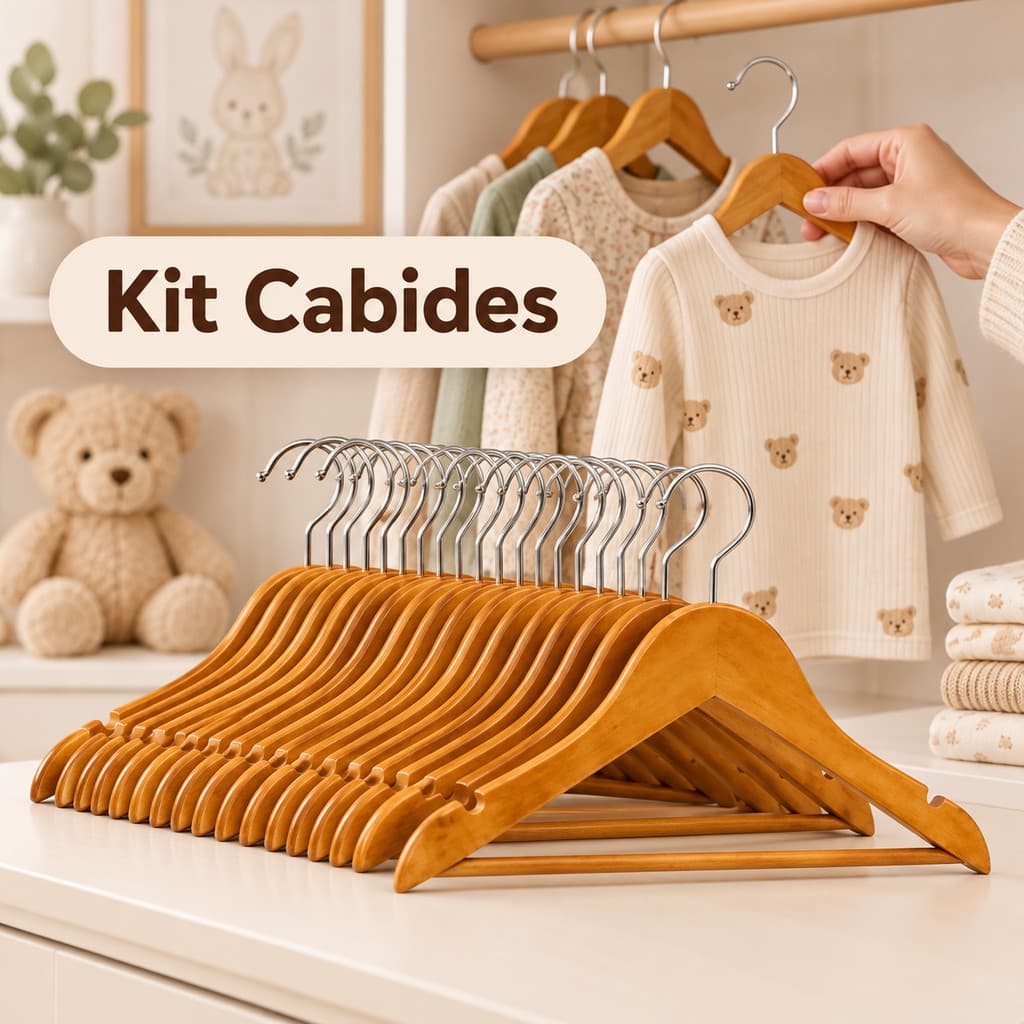 Kit Cabide de Madeira Infantil Roupa Bebê Criança Armario Guarda Roupa Slim Reforçado Antideslizante