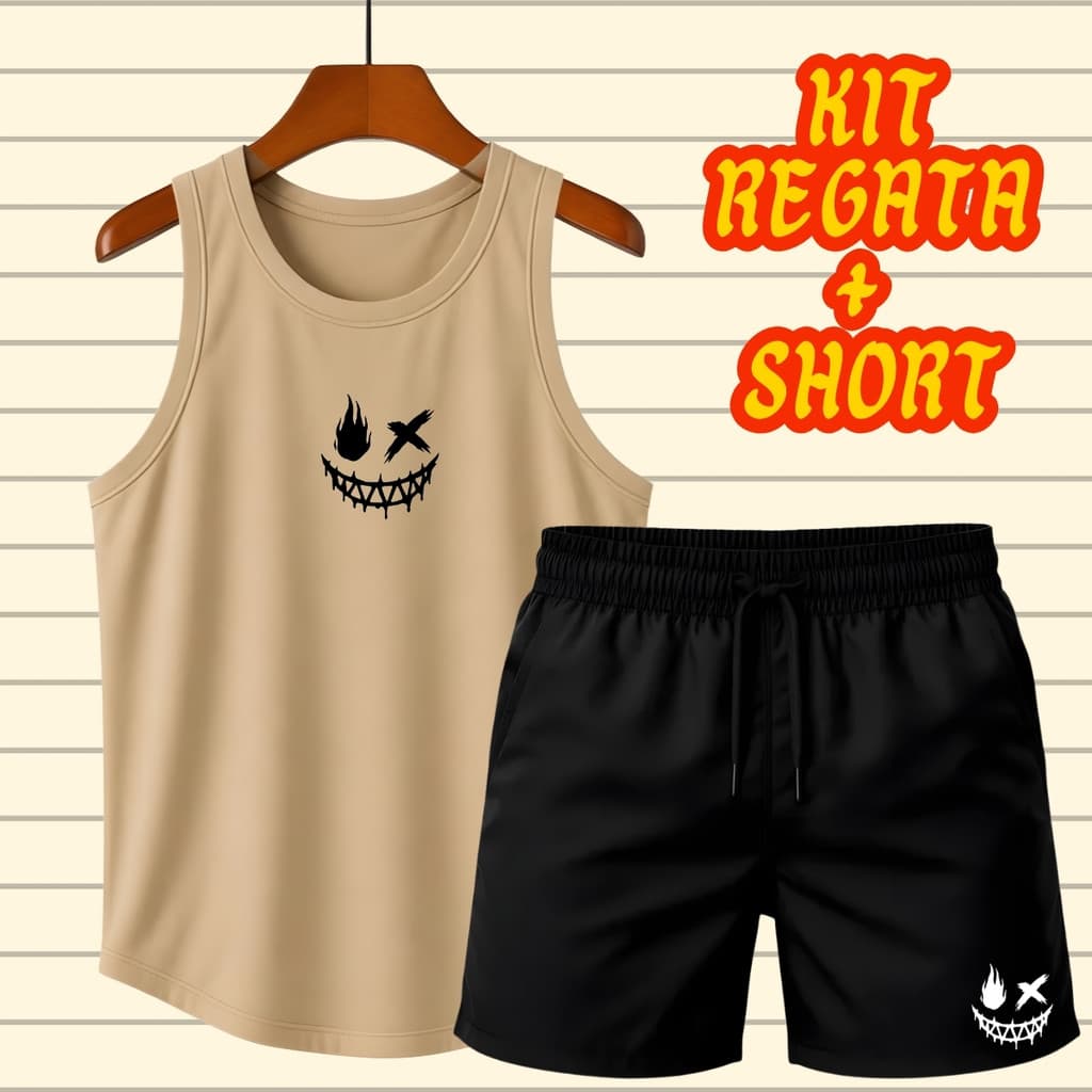 Conjunto Regata Cavada Masculina Sorridente Sombrio Algodão Varias Cores + Short Tactel Preto