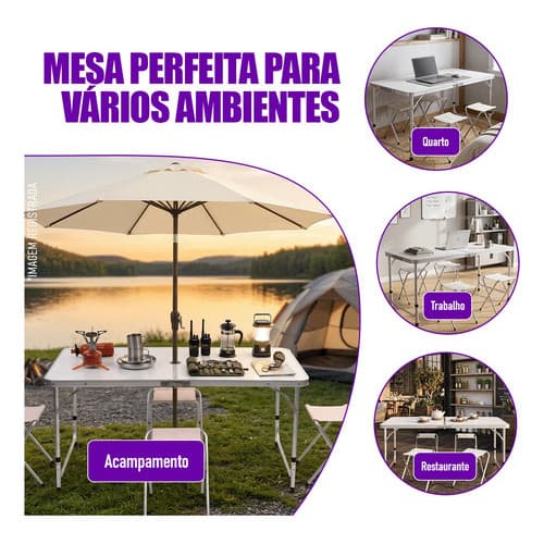 Mesa Dobrável Portátil 120x60cm com 4 Banquetas Vira Maleta Camping Praia Pesca Piquenique Alumínio Branca