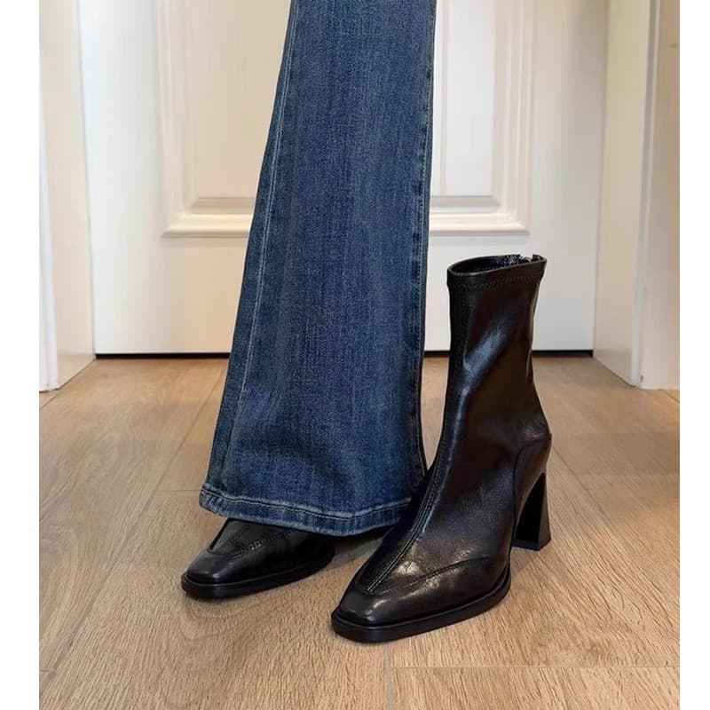 Botas de cano médio para mulheres baixas, botas de salto alto com bico quadrado, botas justas, botas curtas femininas, b