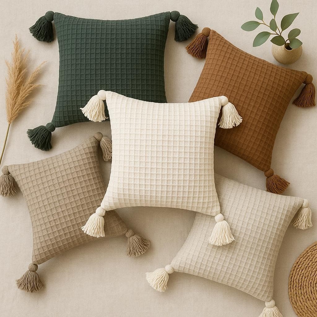 Capa de almofada boho 45x45 pompom piquet algodão bohochic