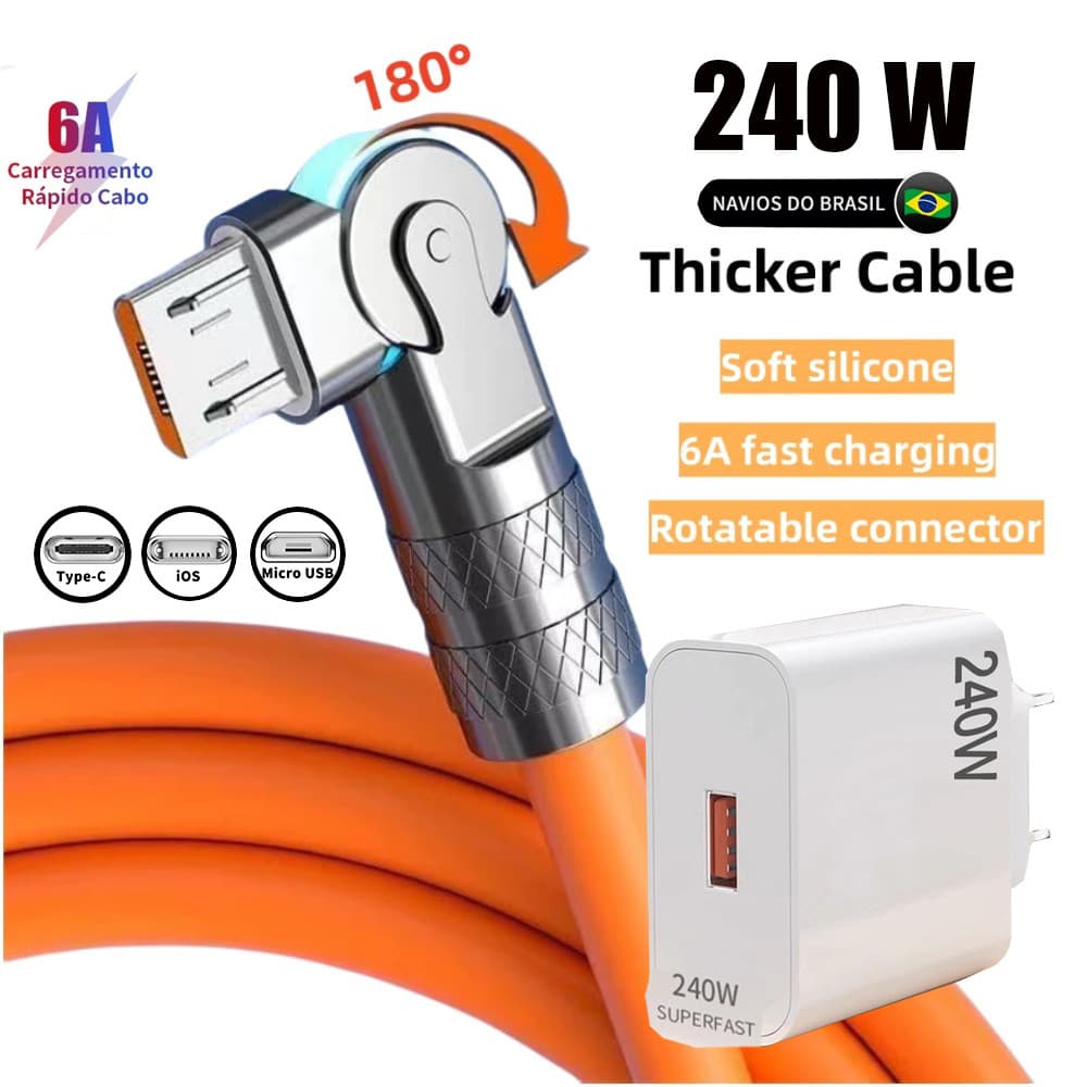 Carregador Super Rápido De 240 W Com 180 ° Cabo De Carregamento De Rotação Para Cabos Giratórios Micro USB iOS Tipo C ZB