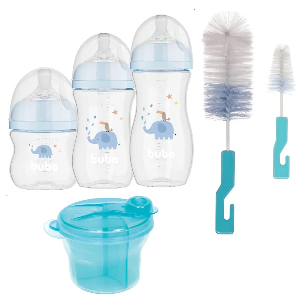 KIT C/ POTE P LEITE, ESCOVA P MAMADEIRA E 3 MAMADEIRAS AZUL - BUBA
