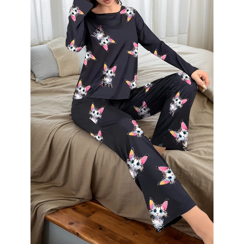 Conjunto de pijamas femininos confortáveis com estampa de gato - Top de manga comprida com gola redonda e calças com cin