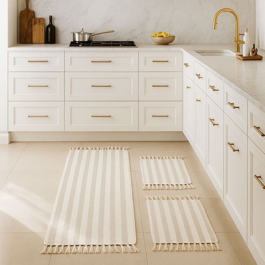 Kit Tapetes 3 Peças Listrados Para Cozinha Quarto Lavanderia E Áreas Internas, Design Moderno Búzios e Franjas Elegantes