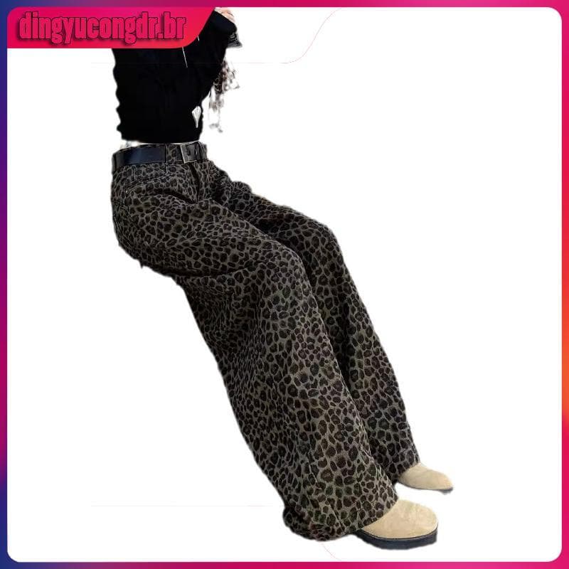 calça jeans feminina wide leg calça jeans feminina cintura alta Plus Size irmã gorda Retro leopardo impressão cintura a