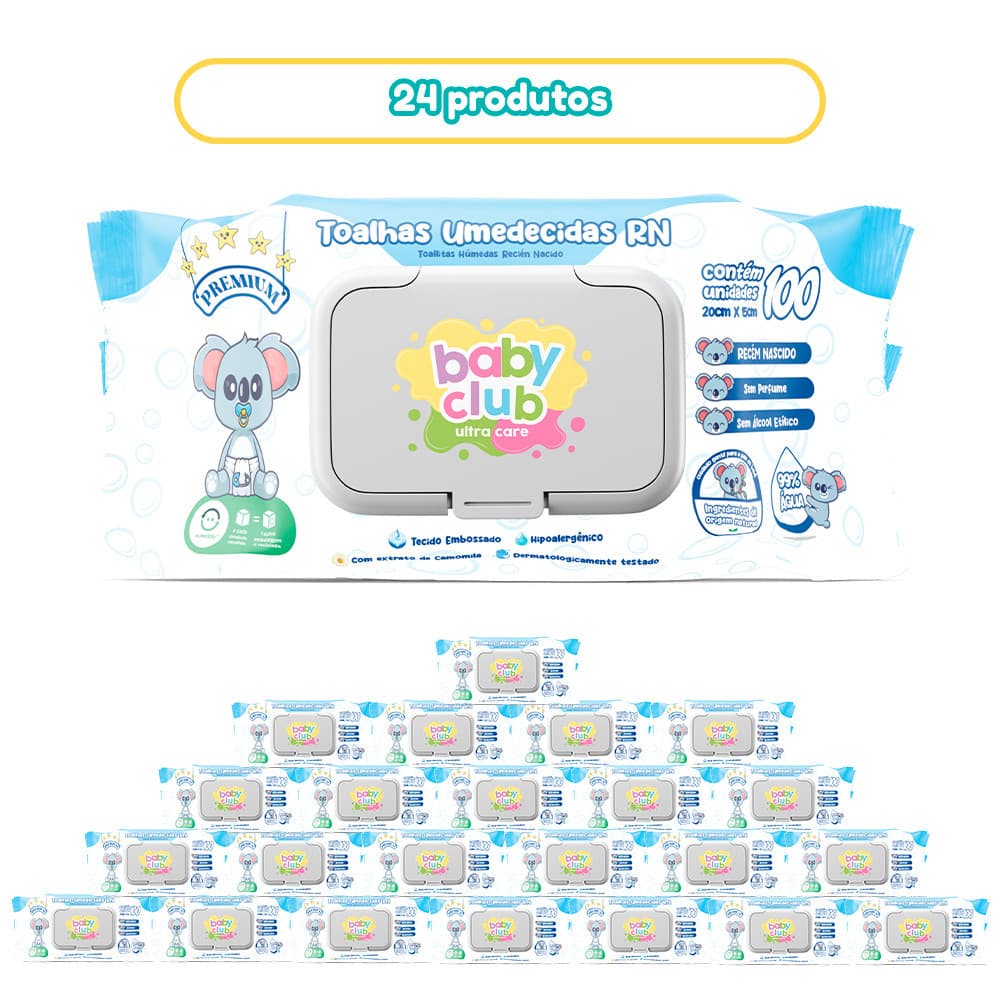 KIT 24 UNIDADES TOALHAS UMEDECIDAS RECEM NASCIDO BABY CLUB 100 FOLHAS