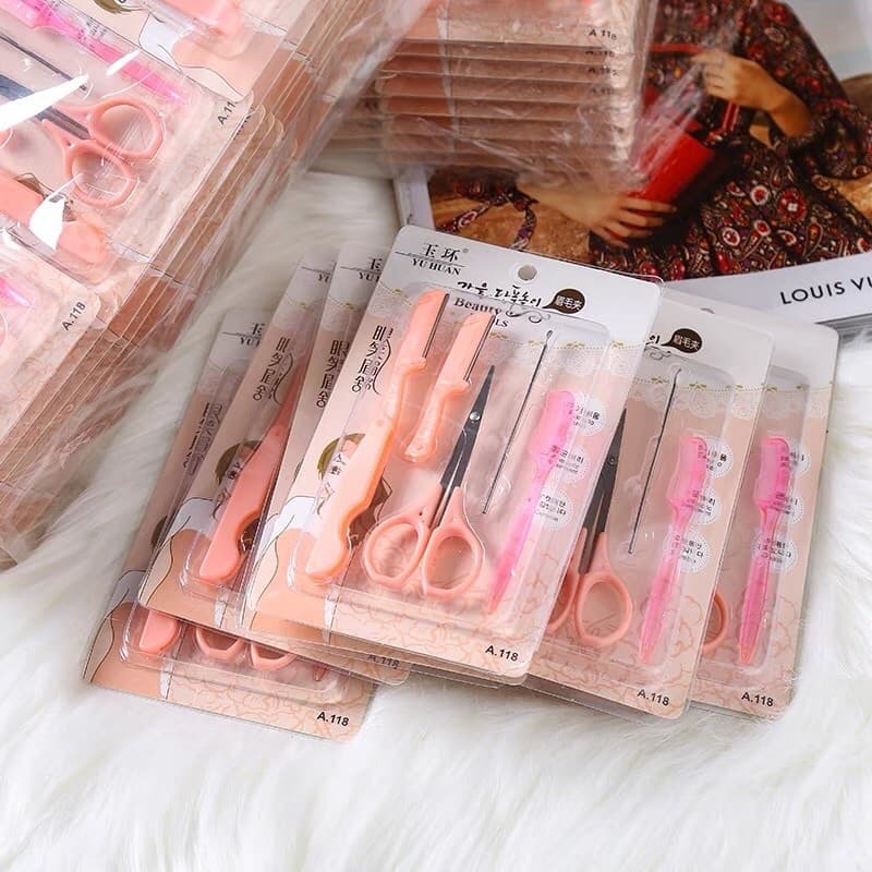 Kit Conjunto Rosa-5 Peças de Sobrancelhas Profissional /Navalha/Tesoura/Espátula/Pente A Pronta
