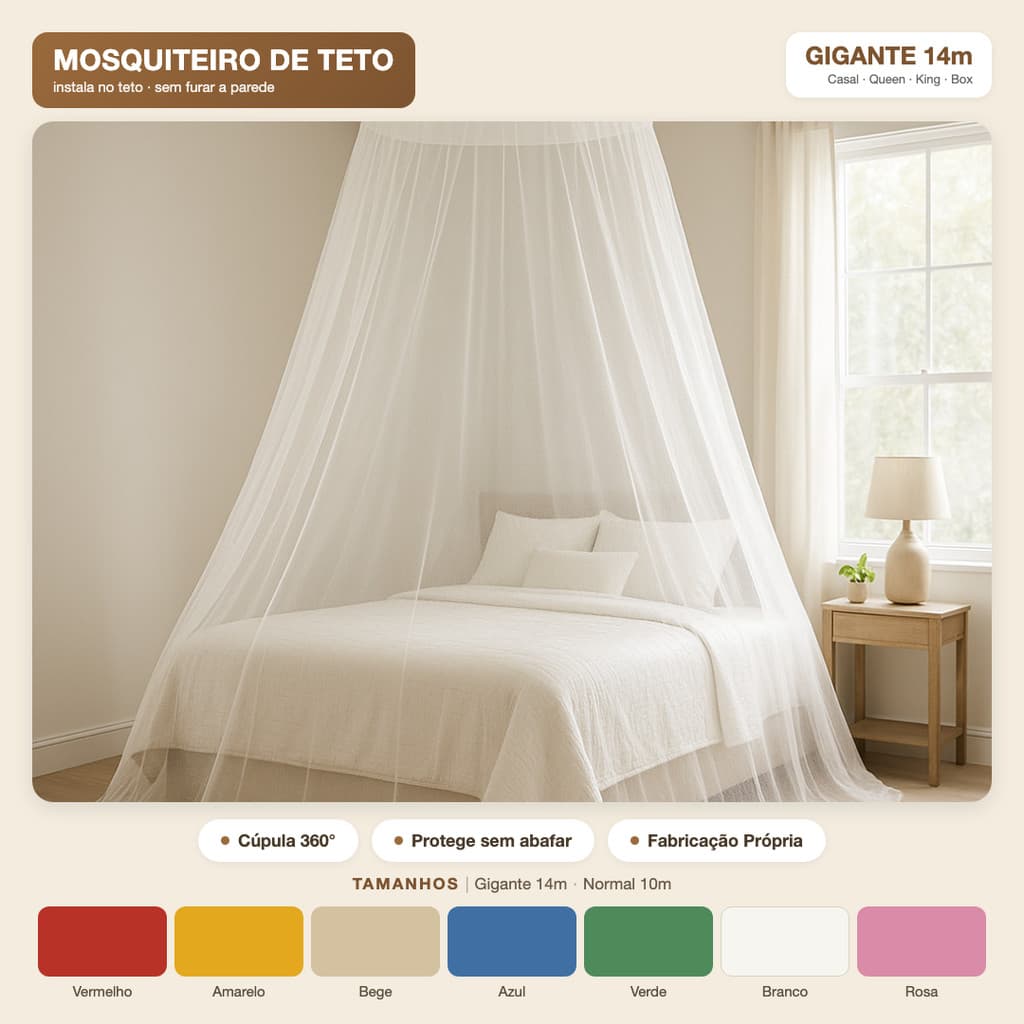Mosquiteiro Casal Cama Box Indiano de Teto Cupula Gigante 14m Queen King Anti Inseto