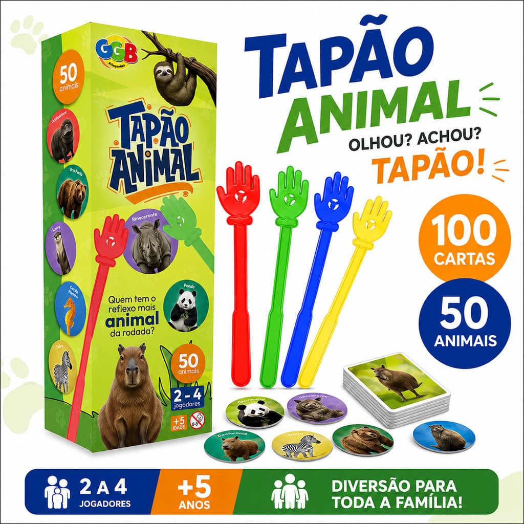 Jogo Tapa na Mesa Tapa Certo Animais Mãozinha Ventosa Reflexo 4 Jogadores 50 Animais +5 Anos