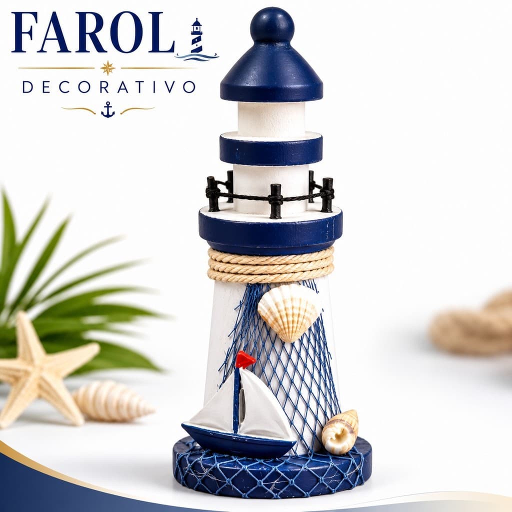 Farol Decorativo Náutico em Resina com Barco Concha Rede Marinheiro Decoração Praia 13cm