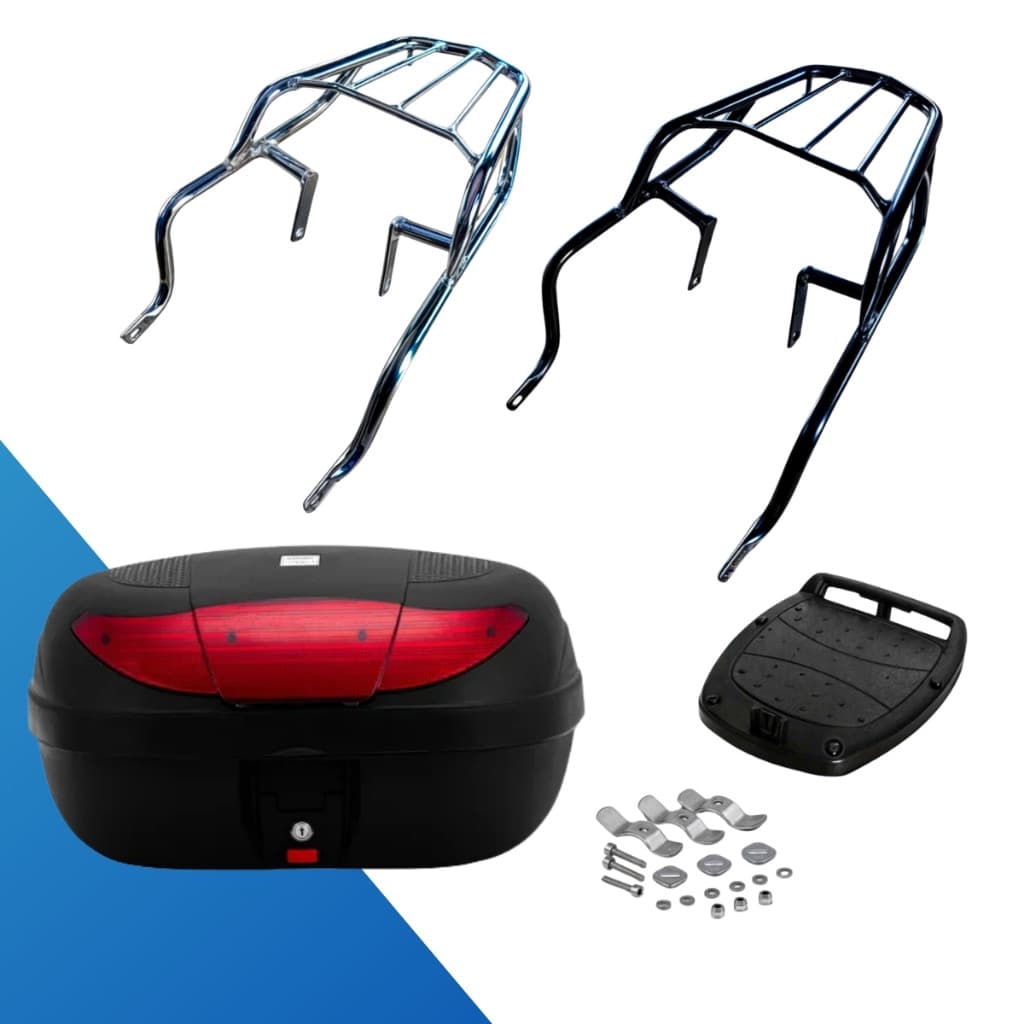 Bagageiro Biz 125 + Baú 45 litros Bauleto 2012 2013 2014 2015 2016 2017 Preto Cromado Pro Tork Original