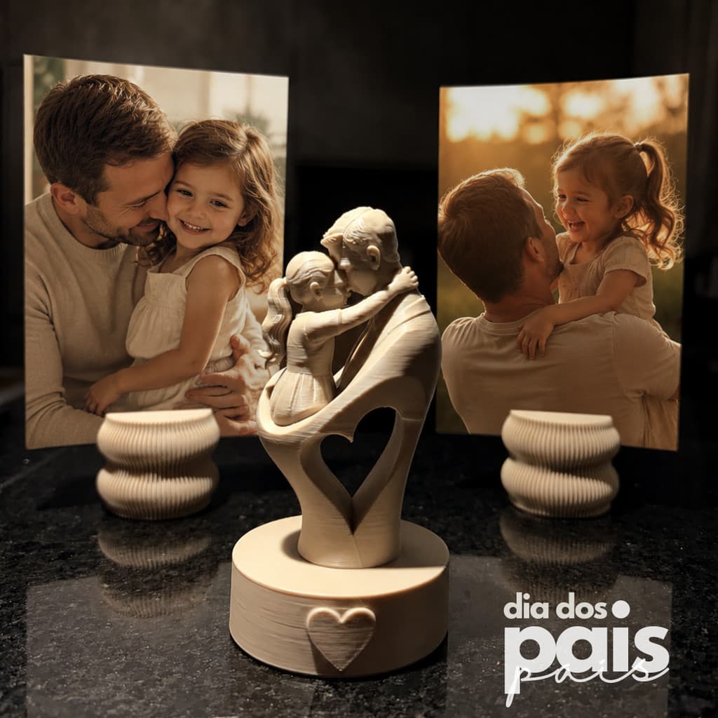 Escultura Estatueta Pai Filho e Filha Abraço Coração 12cm Presente Dia dos Pais Decoração