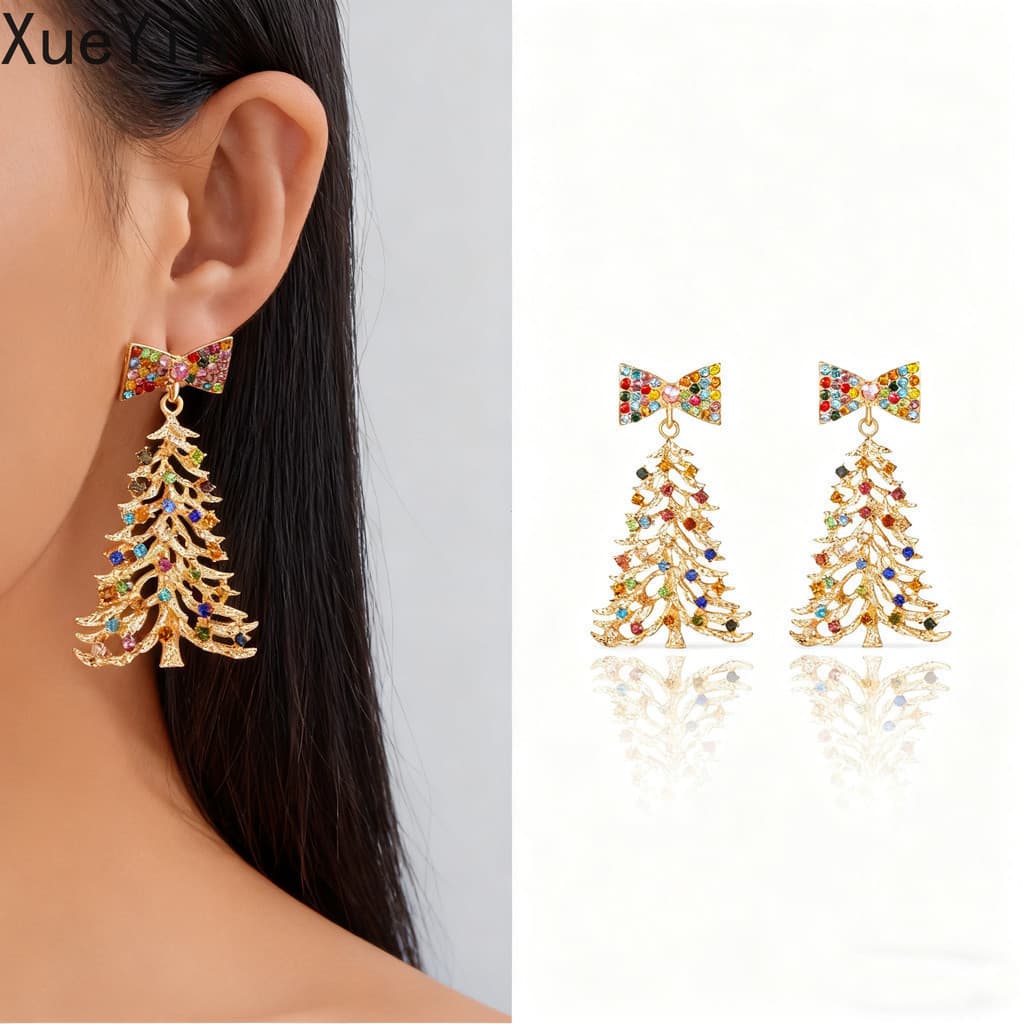 ❄️ Brincos De Natal | Árvore Embelezada Com Diamante Vermelho E Laço Gota Para Mulheres