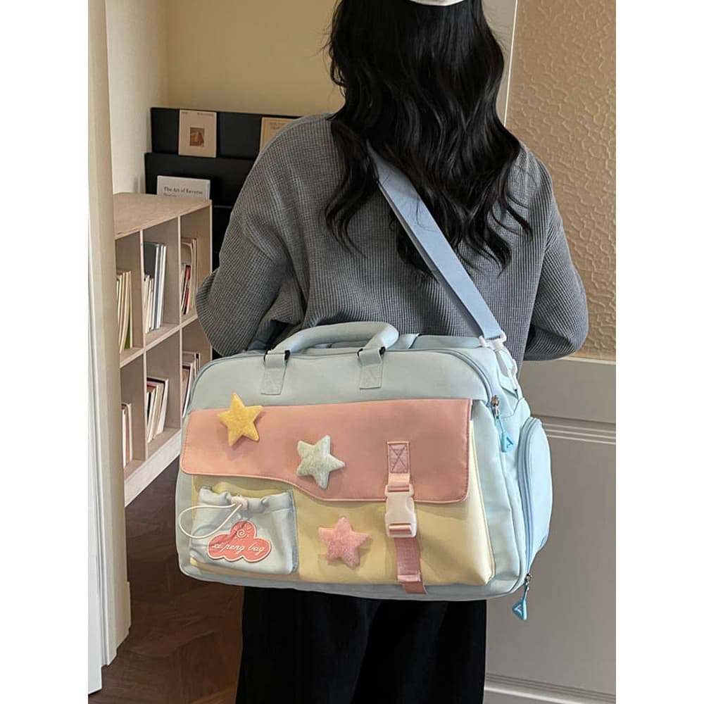 Macaron contraste cor estrela saco de viagem estilo menina portátil Cross-corpo grande capacidade estudante saco Commute